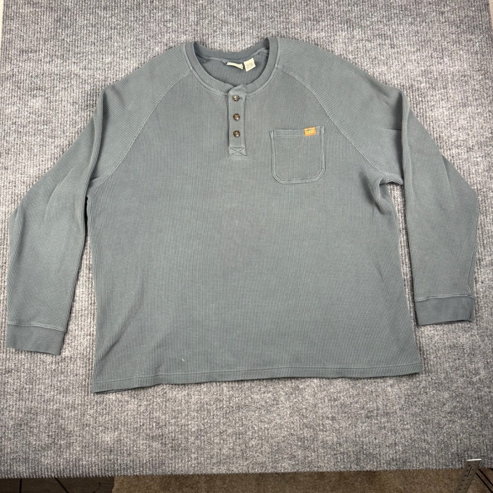 LL Bean Henley Shirt Mens 3XLT Olive Green Waffle Knit Long Sleeve Pocket Cotton
